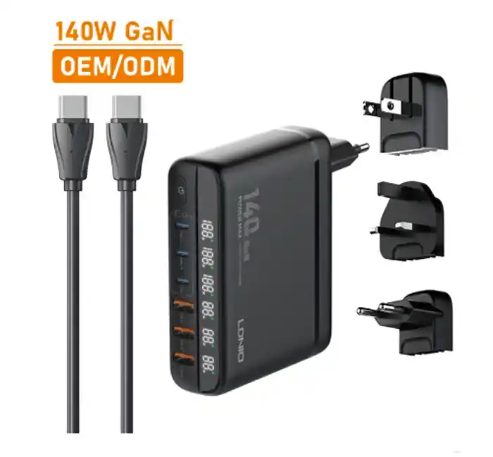 LDNIO A6140C 140W Super Fast Charging 6 USB Ports LED Display GaN Desktop Charger Adapter -1.5M